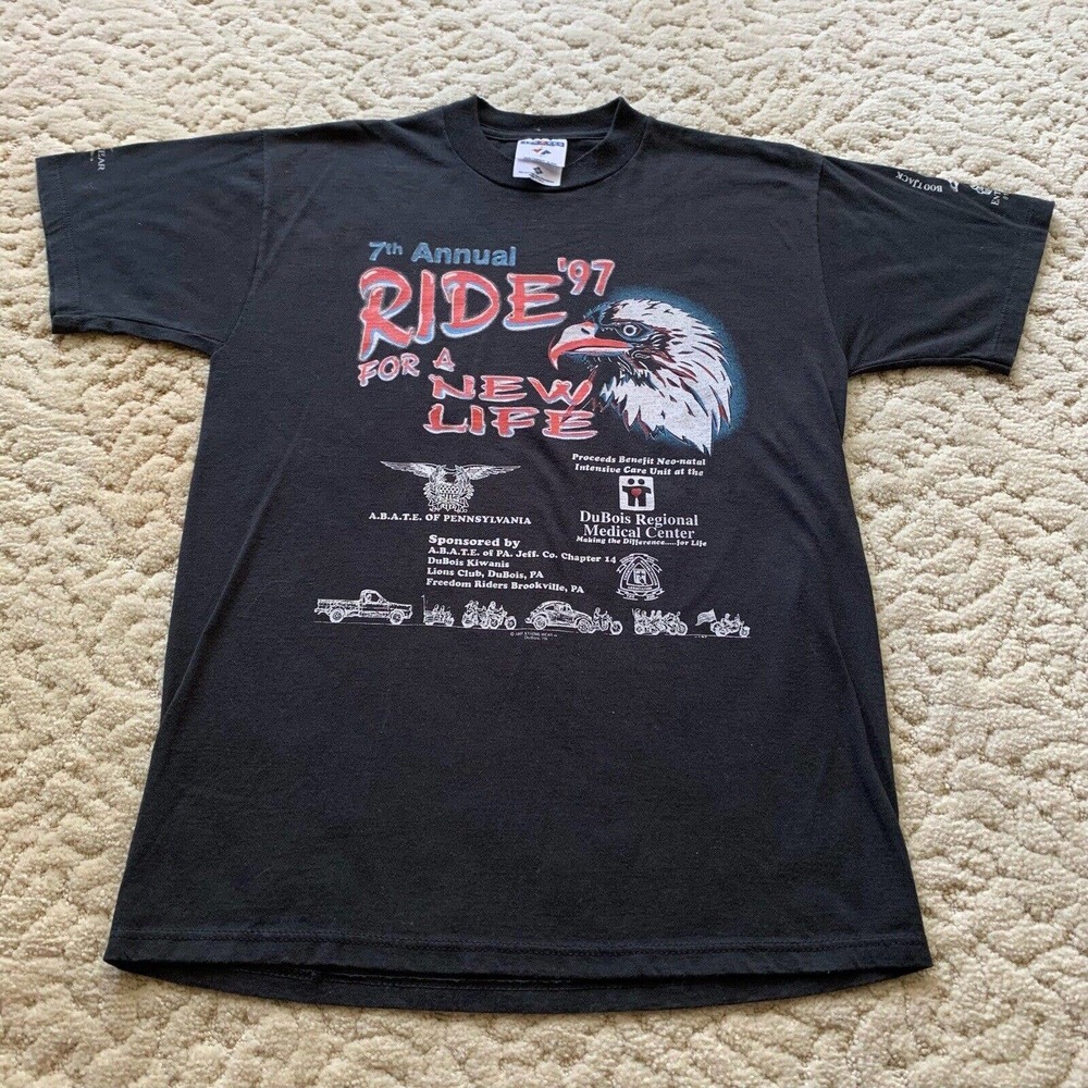 Vtg 1997 Eagle Head Biker Motorcycle T Shirt Sz M Black Jerzees Tag Made In USA